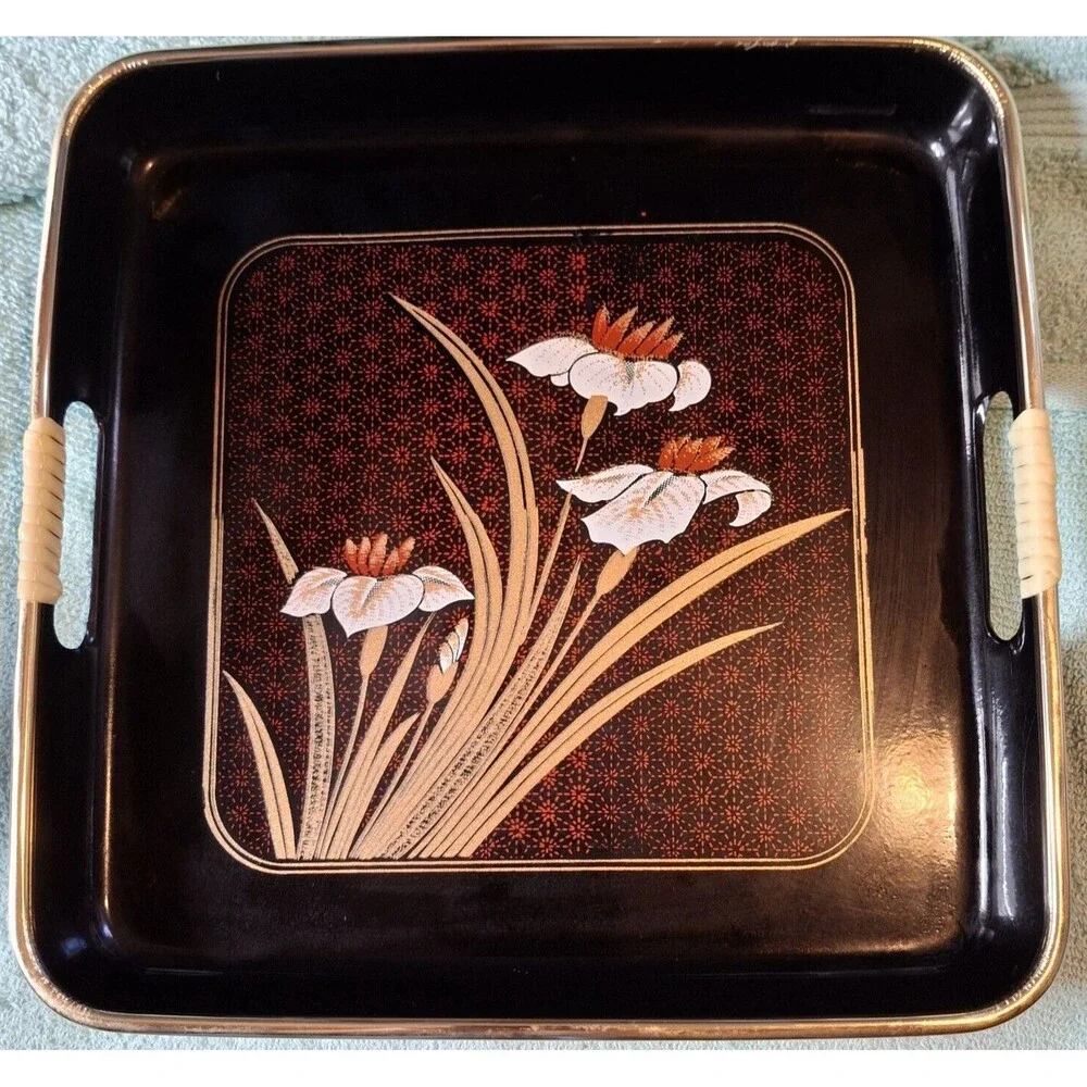 Lacquerware Tray Set Painted Shikki Ware 3 Piece Nesting Barware Serving Trays